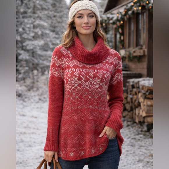 Free People Sweaters - Free People Red Fair Isle Cowl Neck Sweater Women’s M Wool Blend Winter